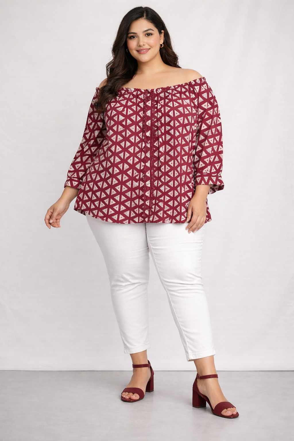 Maroon Printed Off-Shoulder Casual Top