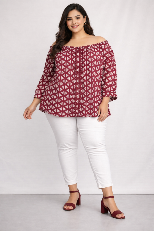 Maroon Printed Off-Shoulder Casual Top