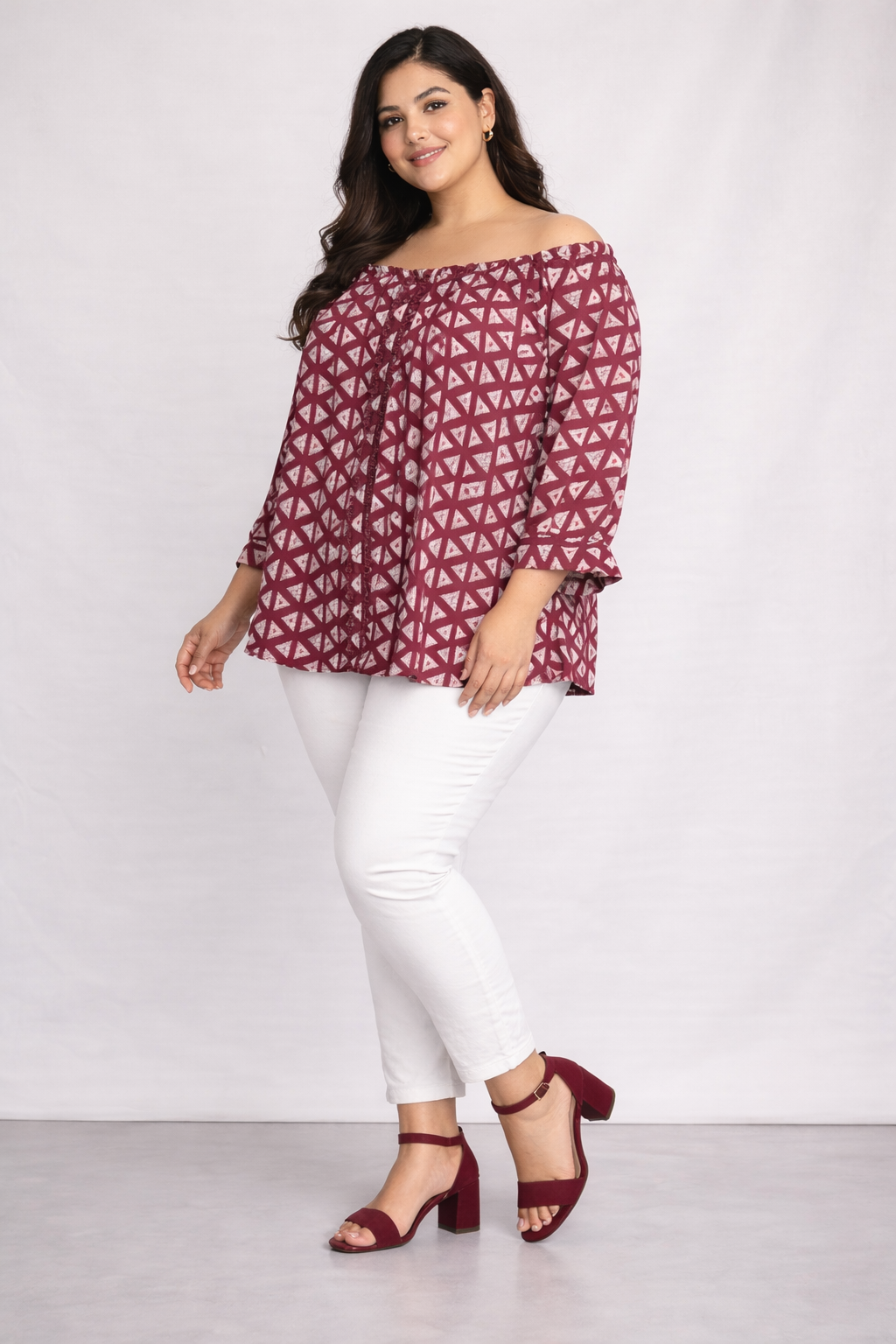 Maroon Printed Off-Shoulder Casual Top