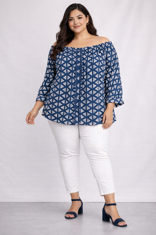 Blue Printed Off-Shoulder Casual Top
