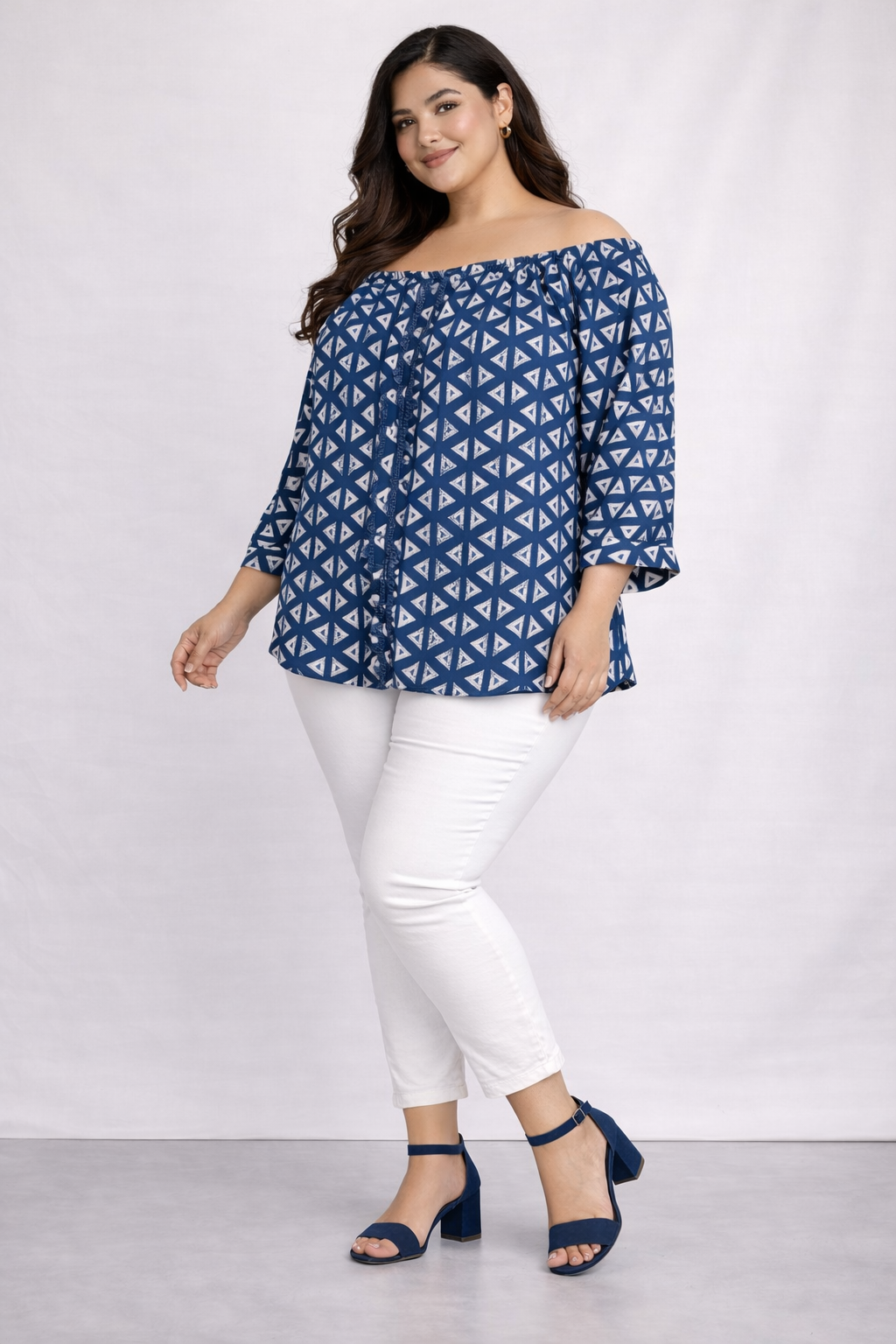 Blue Printed Off-Shoulder Casual Top