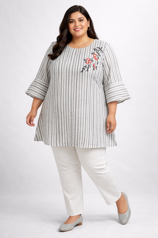 Grey Striped Embroidered Casual Tunic Top