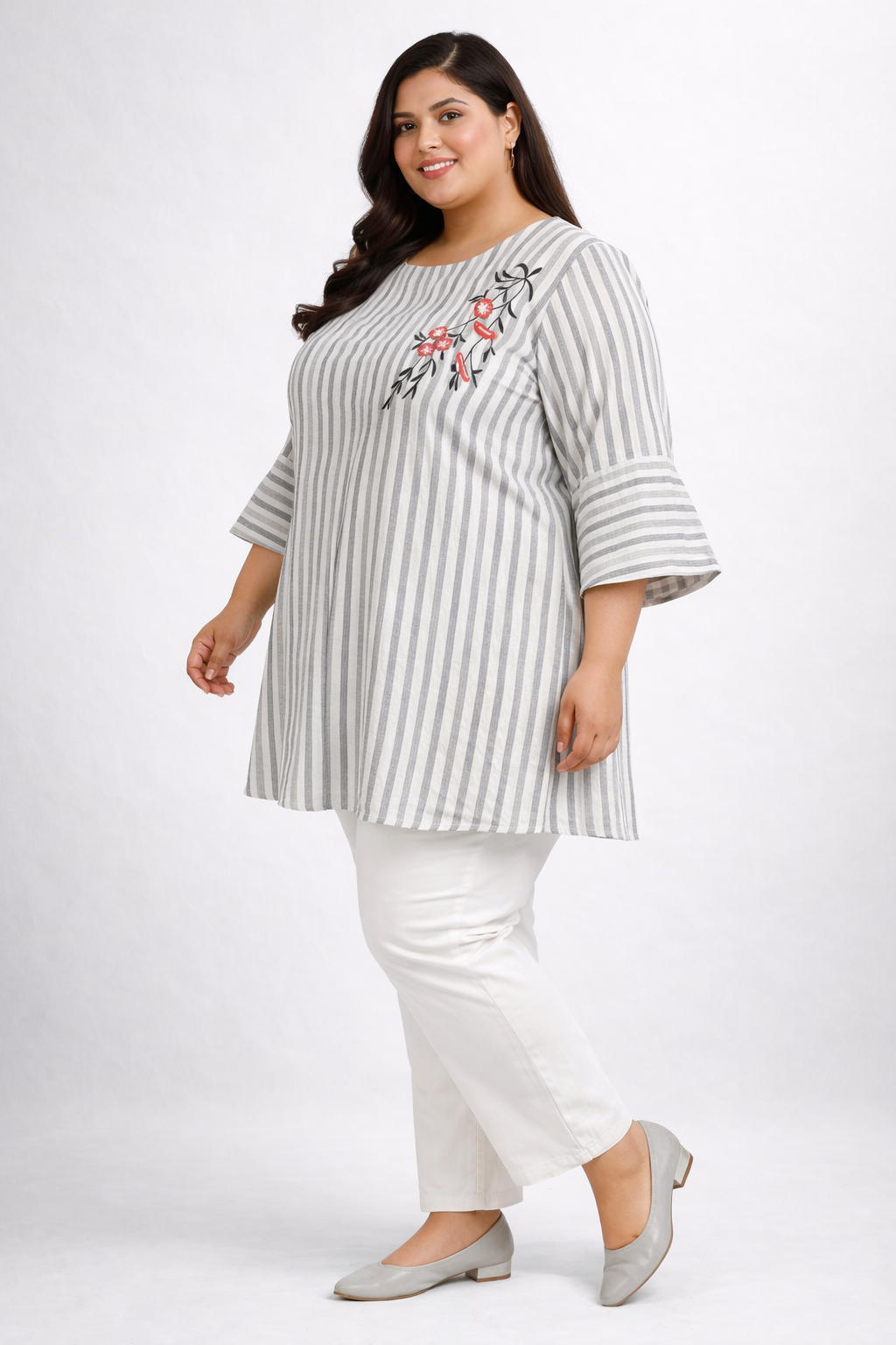 Grey Striped Embroidered Casual Tunic Top