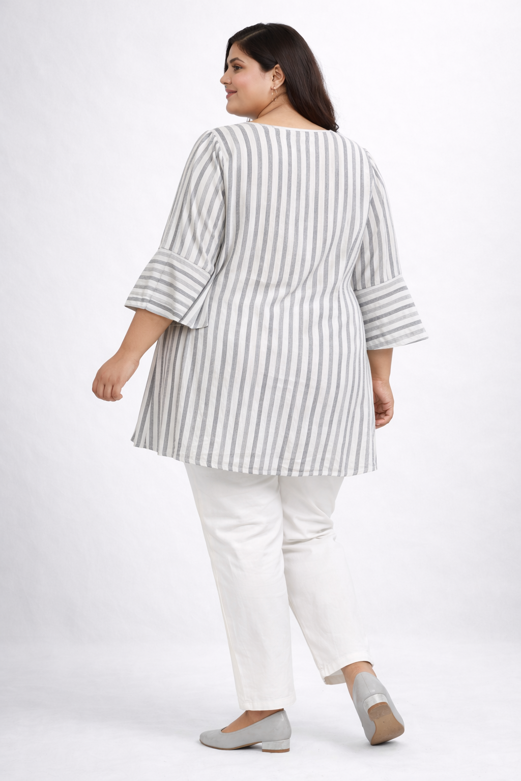 Grey Striped Embroidered Casual Tunic Top