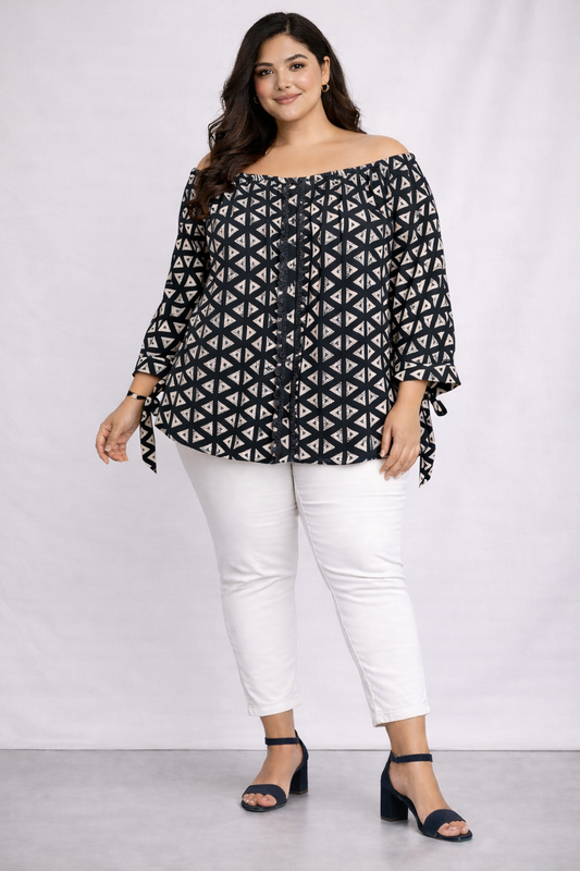 Women’s Black & White Printed Off-Shoulder Top