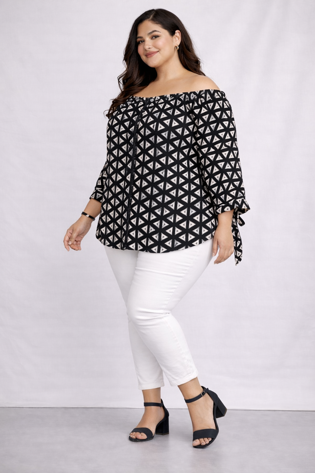 Women’s Black & White Printed Off-Shoulder Top