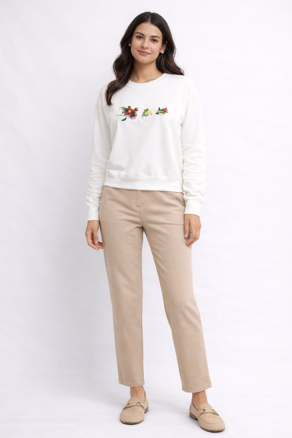 White Floral Printed Crew Neck Sweatshirt