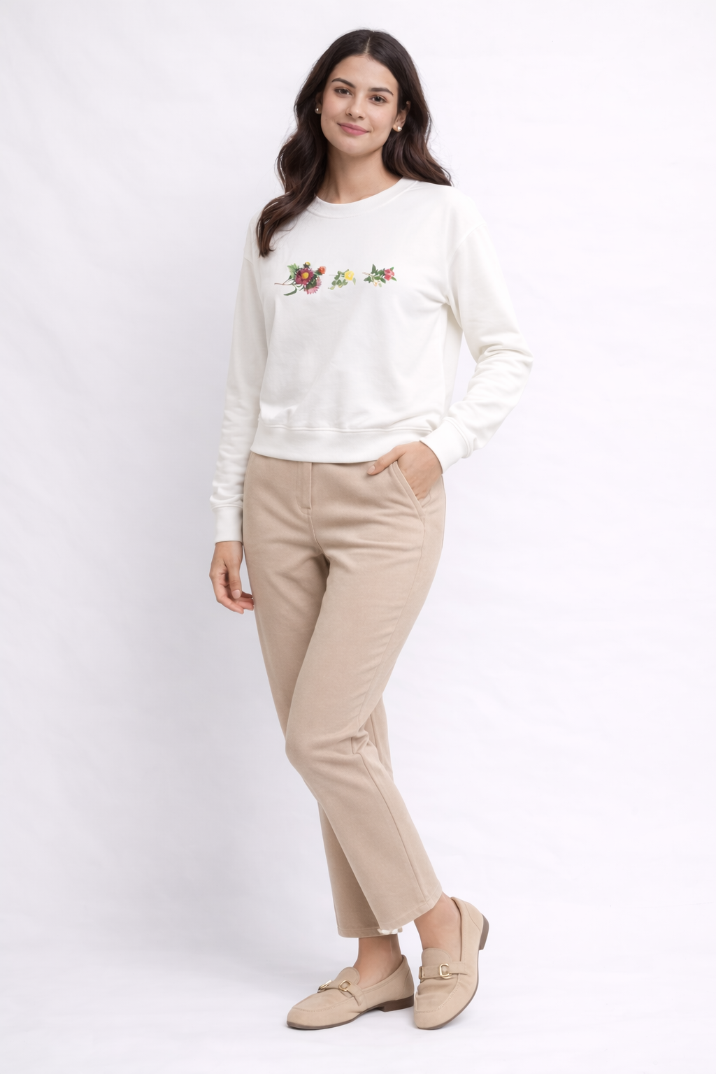 White Floral Printed Crew Neck Sweatshirt