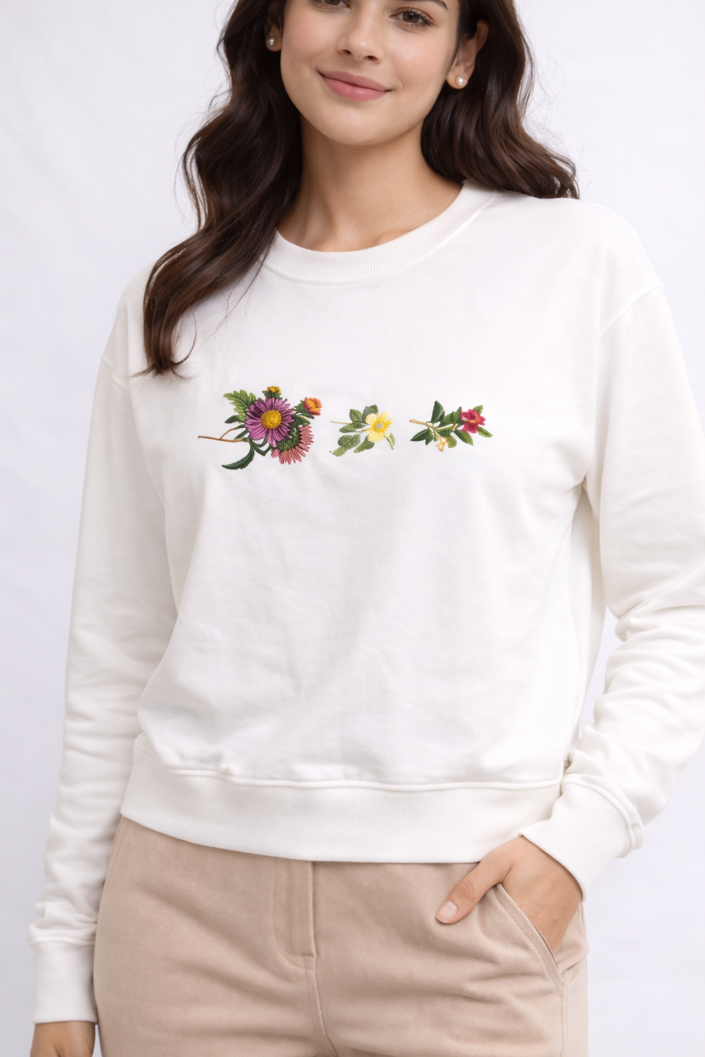 White Floral Printed Crew Neck Sweatshirt