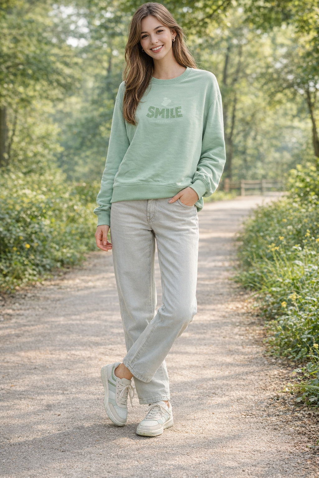 Mint Green Printed Crew Neck Sweatshirt