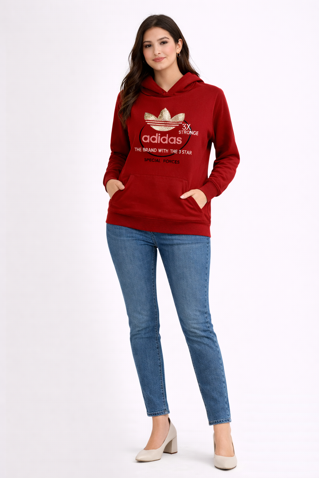 Graphic Print Hoodie – Maroon Red