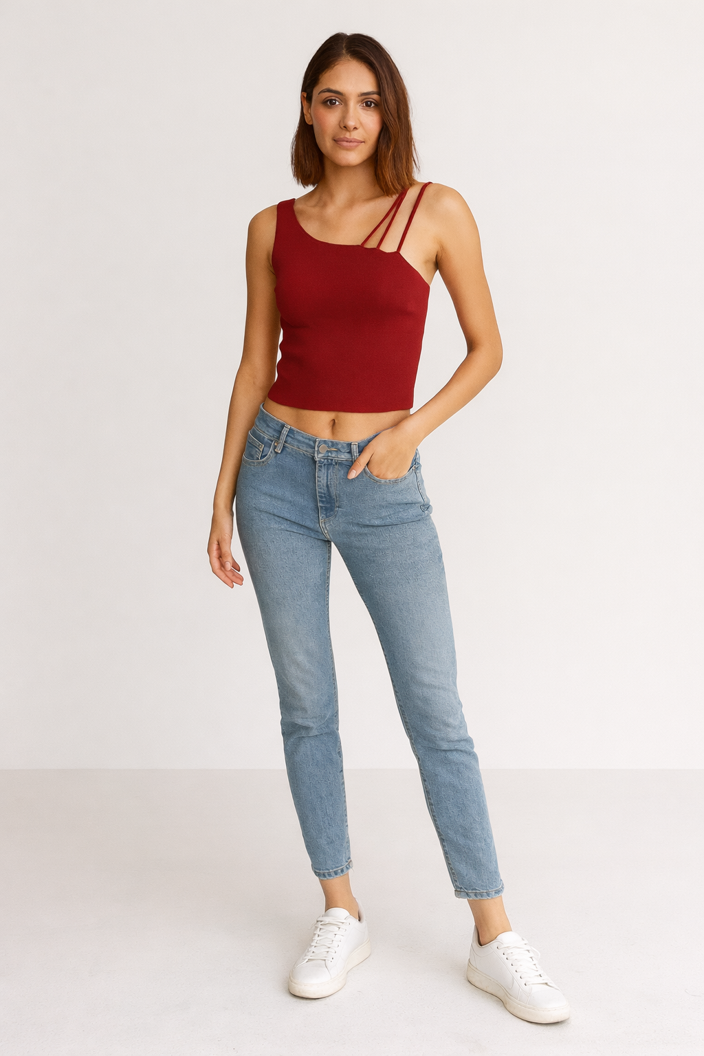 Red Asymmetrical Strap Crop Top