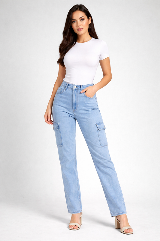 High Waist Light Blue Cargo Jeans – Straight Fit