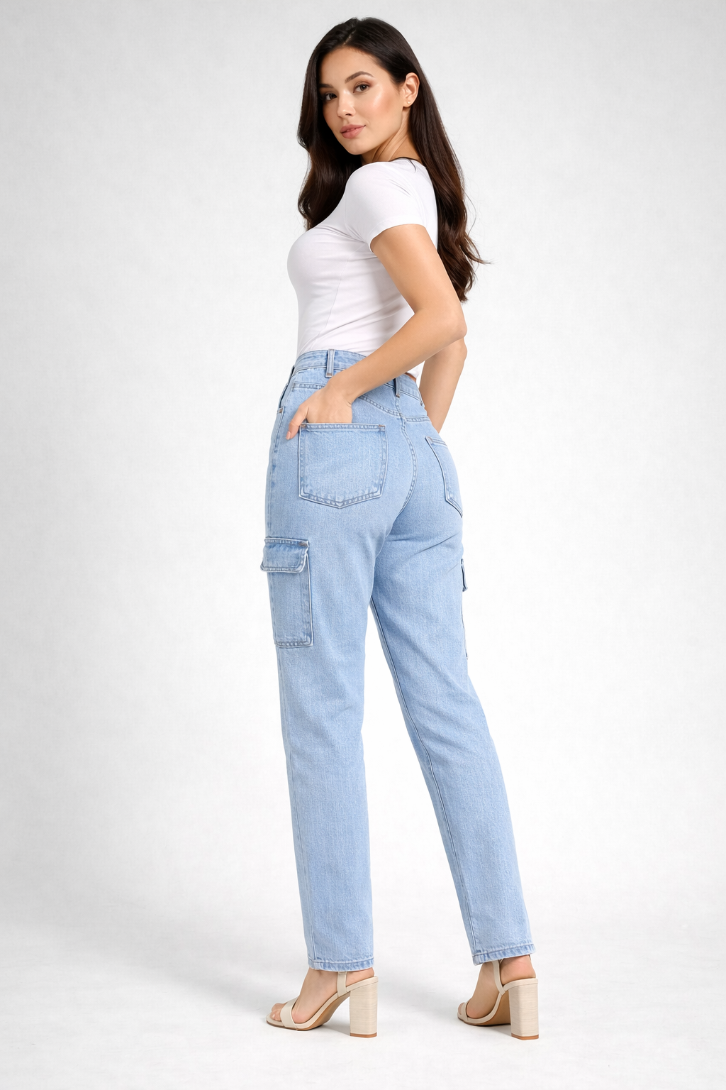 High Waist Light Blue Cargo Jeans – Straight Fit