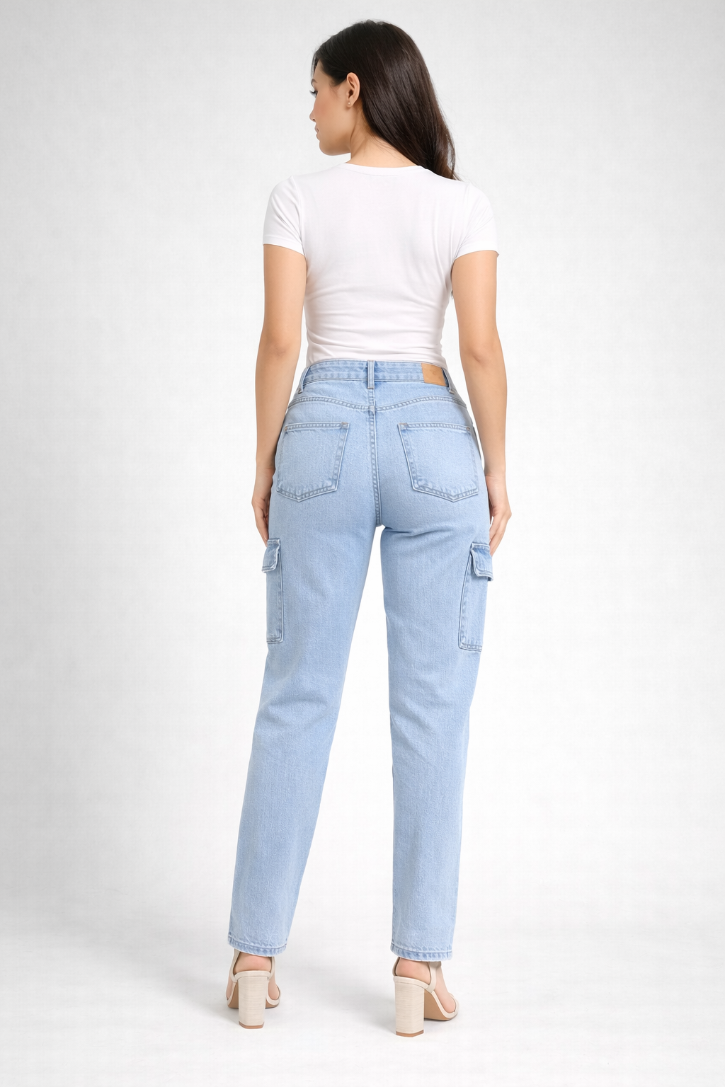 High Waist Light Blue Cargo Jeans – Straight Fit