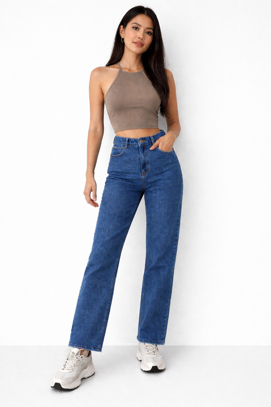 High Waist Wide Leg Blue Jeans – Trendy Straight Loose Fit Denim