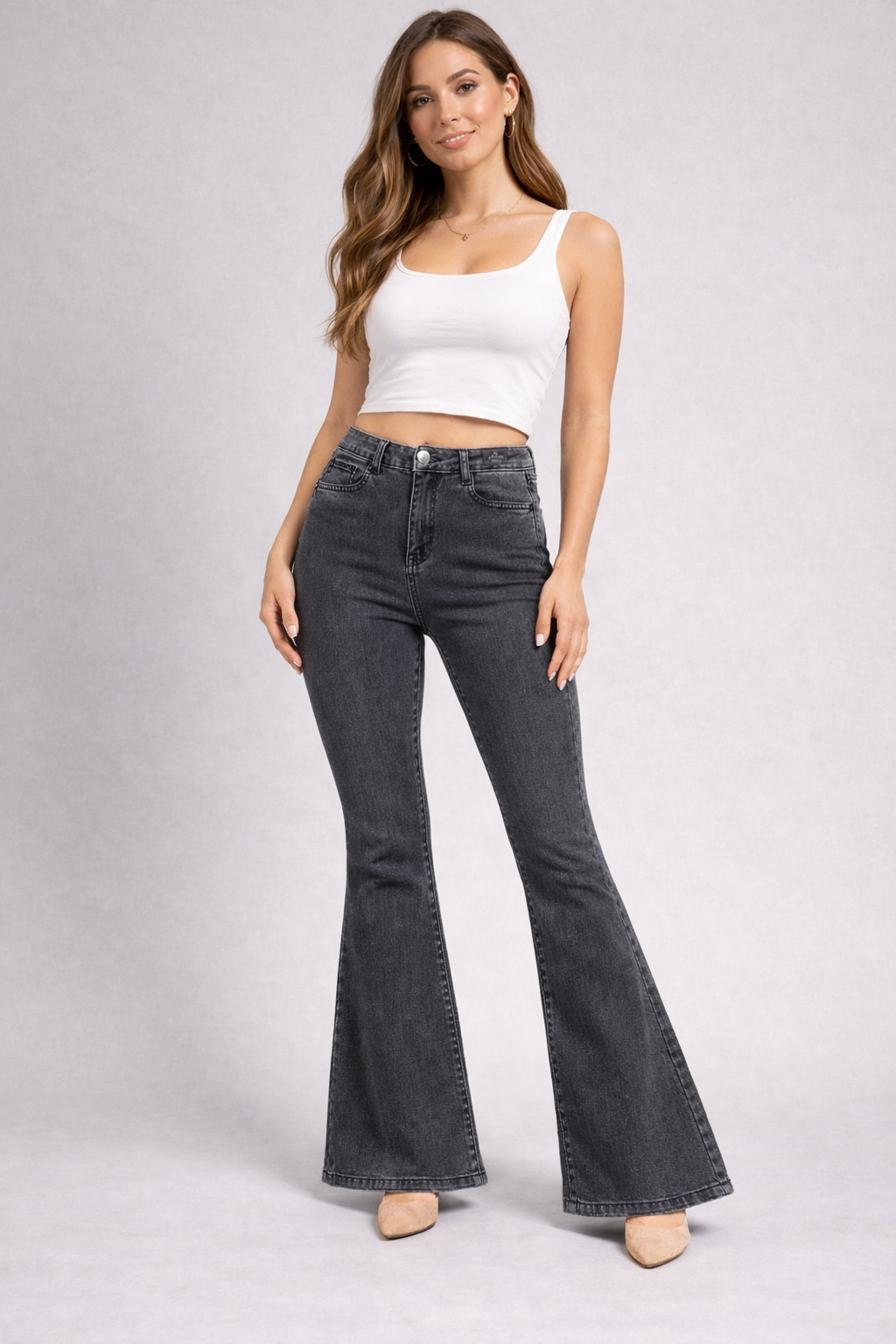 High Waist Dark Grey Bell Bottom Jeans | Stretch Flared Denim Pant