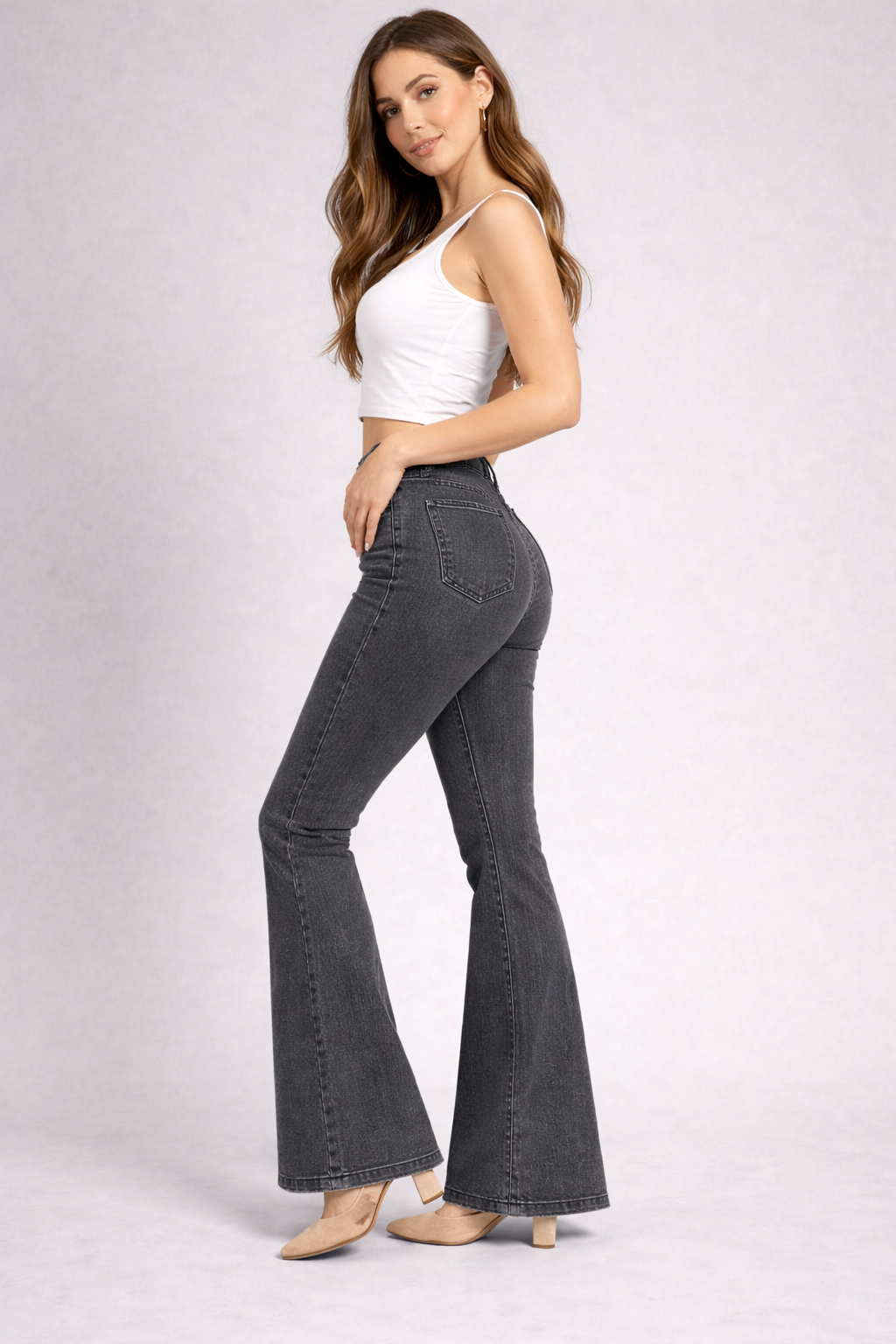 High Waist Dark Grey Bell Bottom Jeans | Stretch Flared Denim Pant