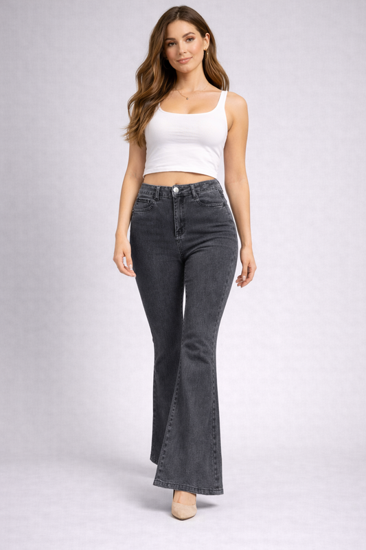 High Waist Dark Grey Bell Bottom Jeans | Stretch Flared Denim Pant