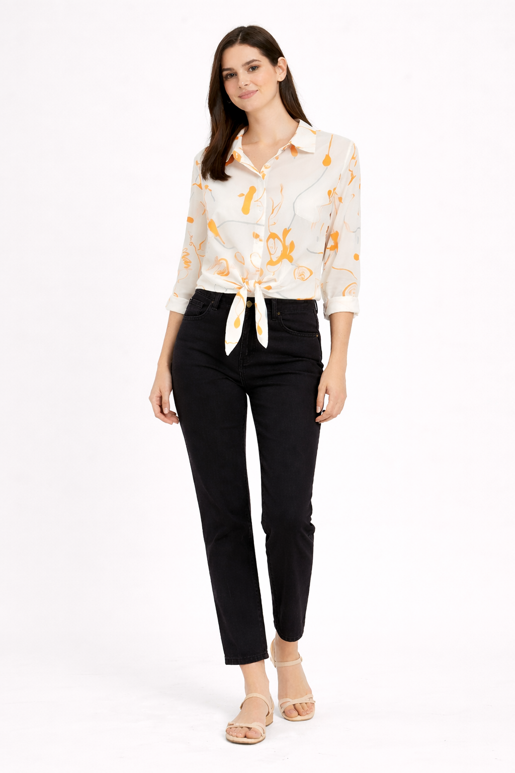 Women White & Orange Abstract Print Tie-Knot Shirt Top