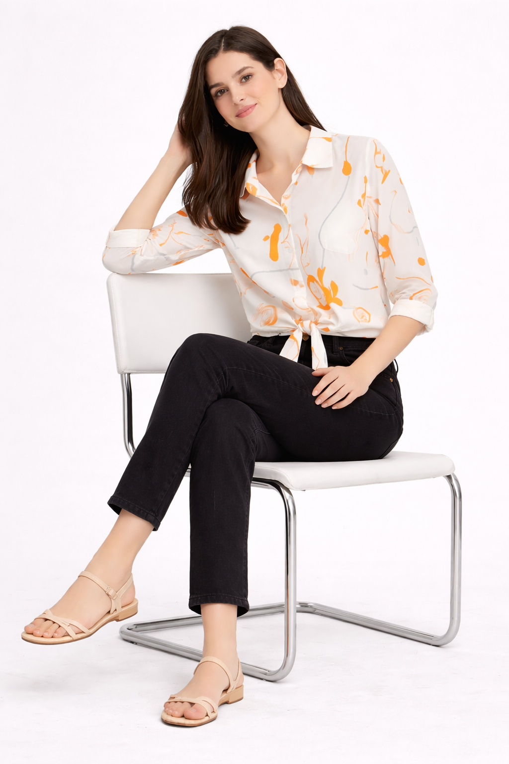 Women White & Orange Abstract Print Tie-Knot Shirt Top