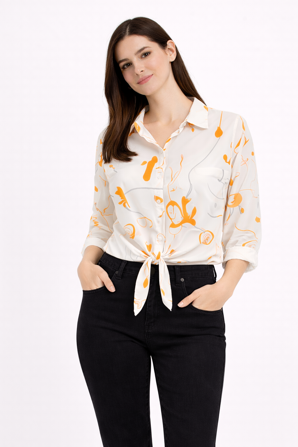 Women White & Orange Abstract Print Tie-Knot Shirt Top