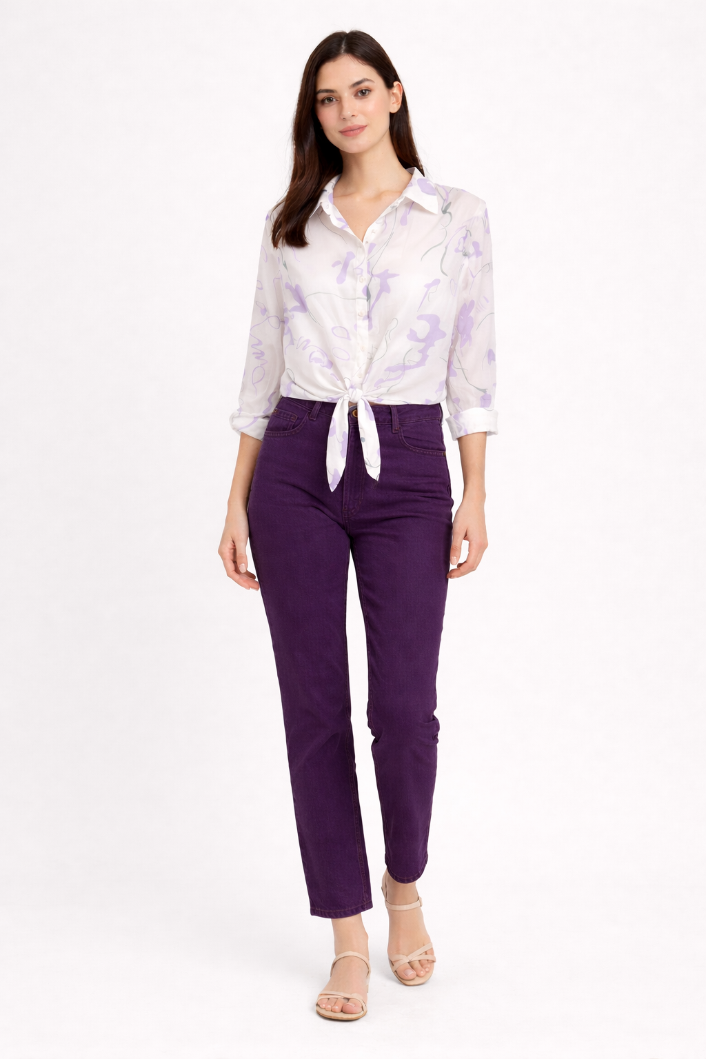 Women White & Lavender Abstract Print Tie-Up Shirt Top