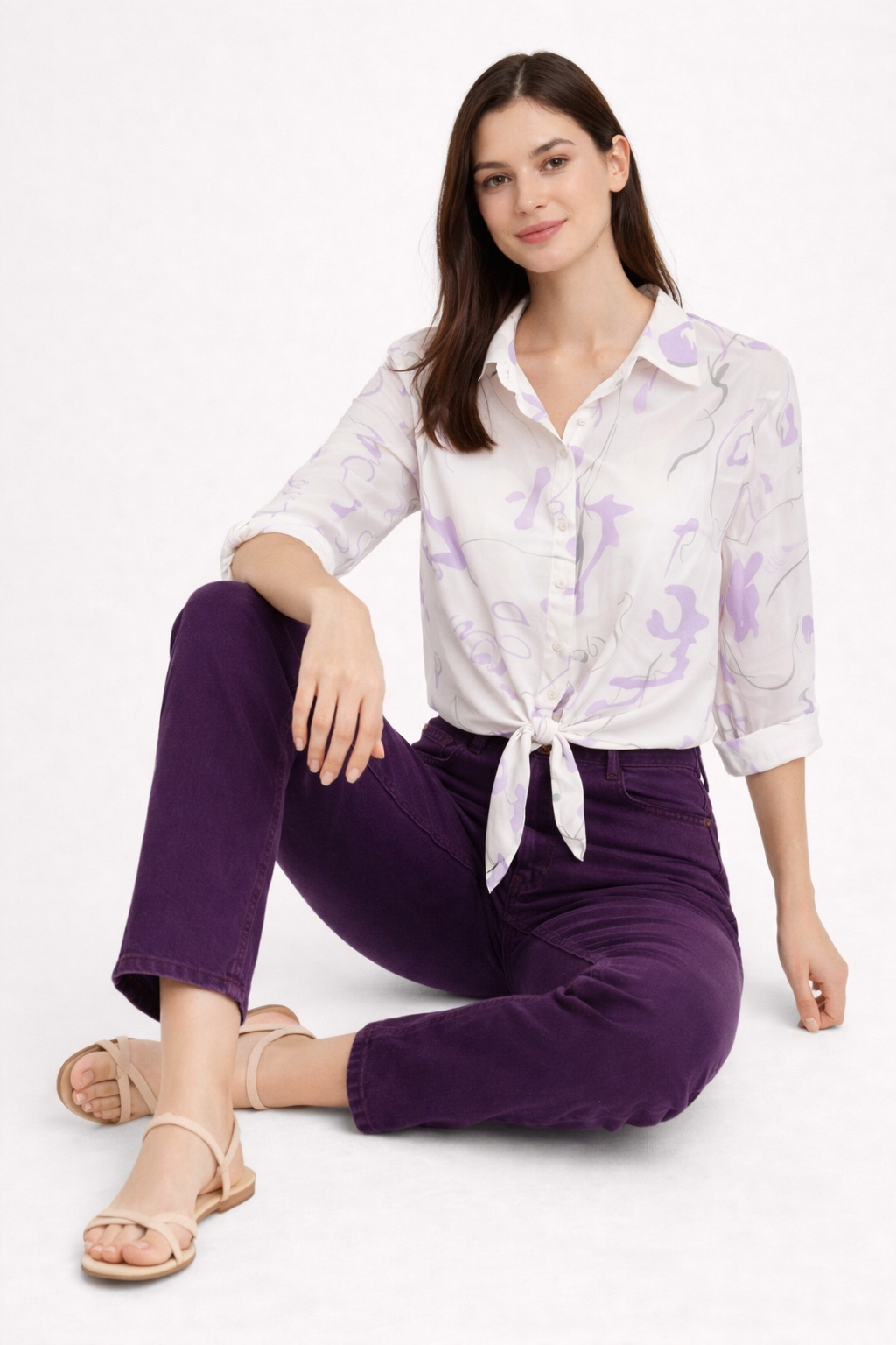 Women White & Lavender Abstract Print Tie-Up Shirt Top