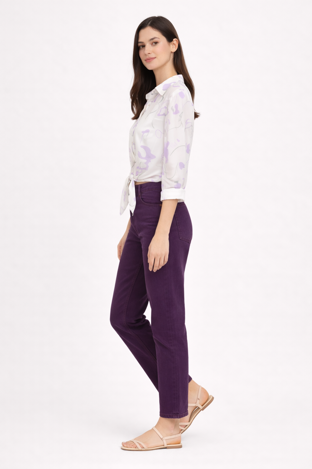 Women White & Lavender Abstract Print Tie-Up Shirt Top