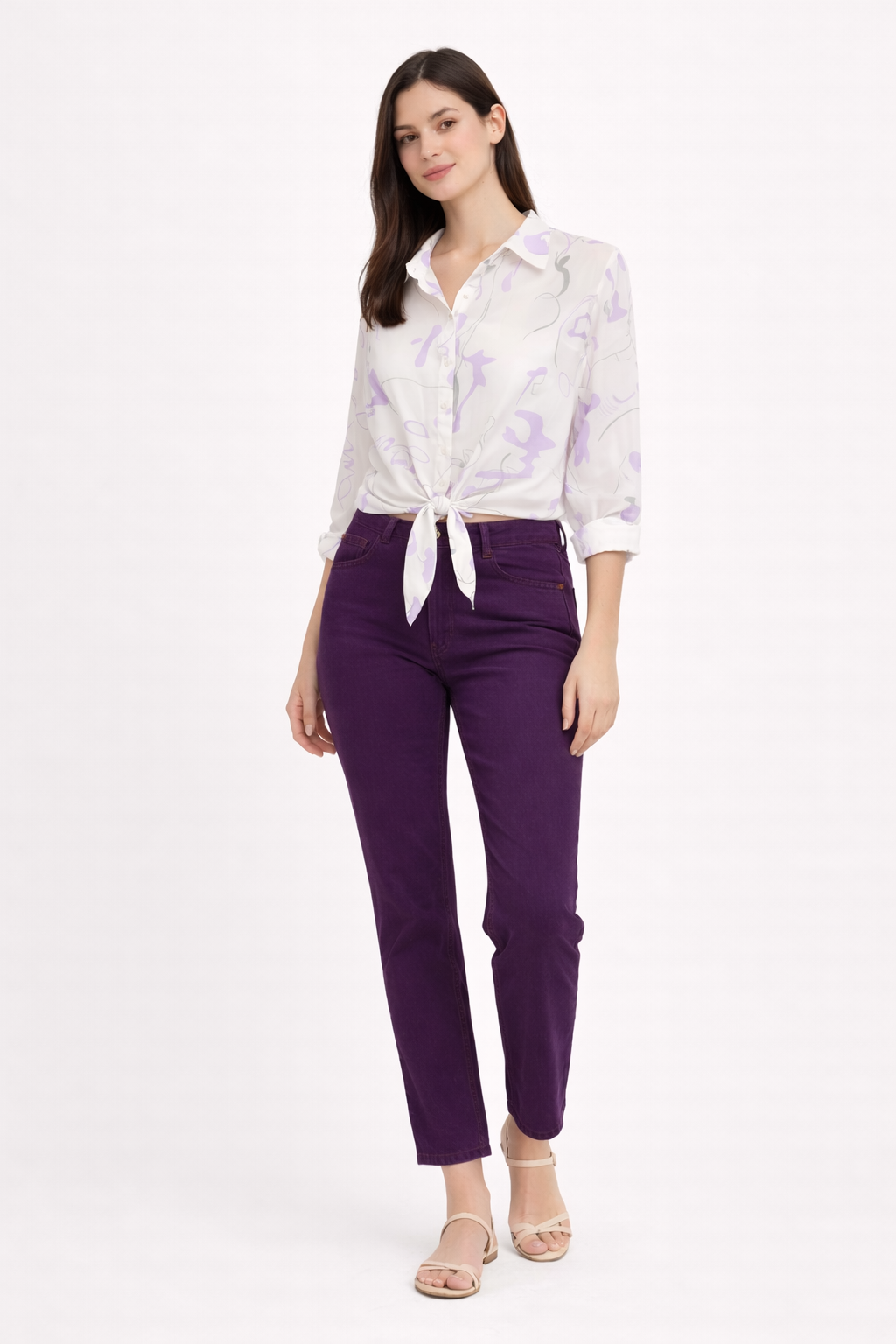 Women White & Lavender Abstract Print Tie-Up Shirt Top