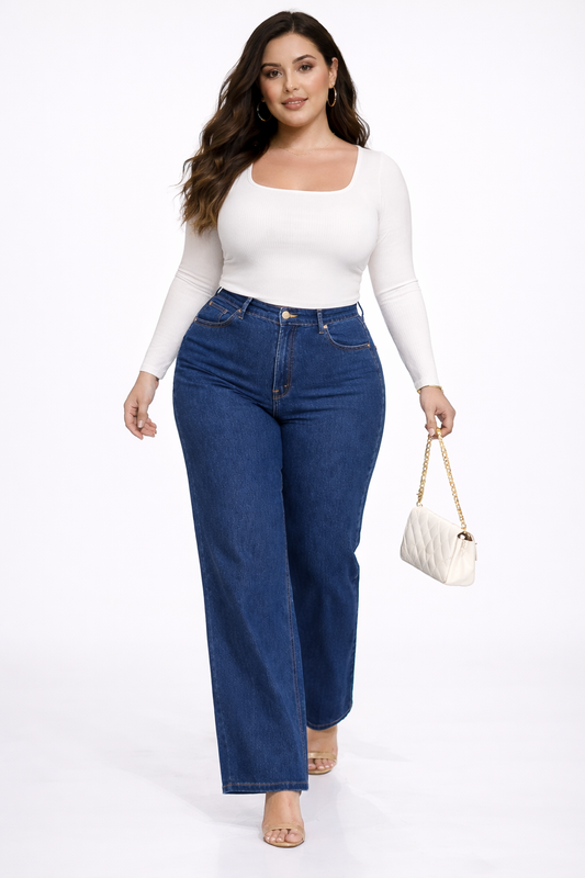 Dark Blue High Waist Wide Leg Stretchable Denim Jeans