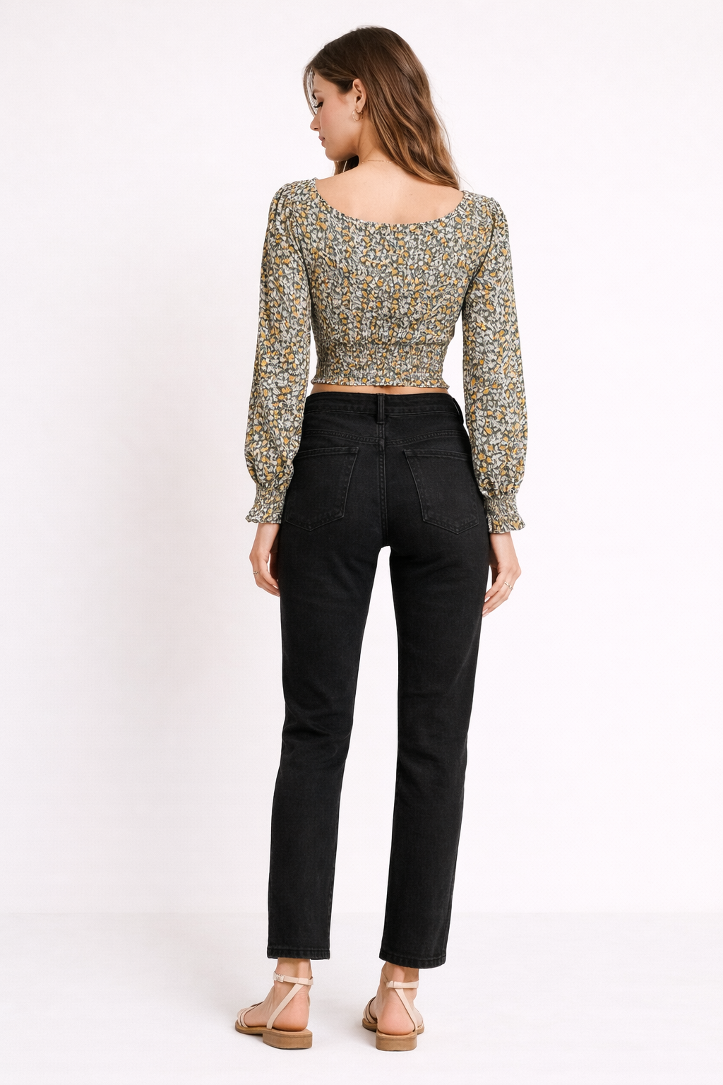 Olive Floral Print Full Sleeve Crop Top