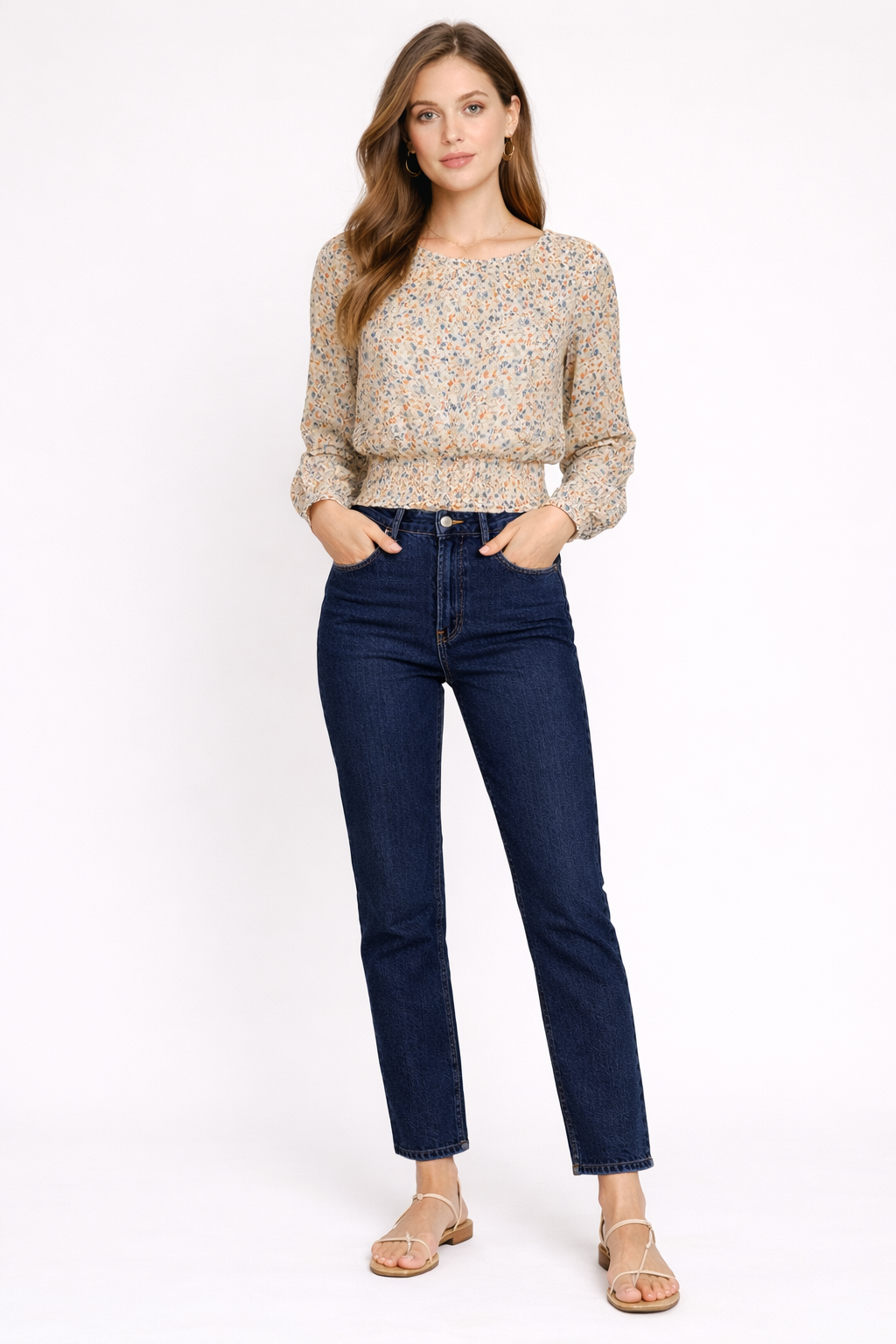Floral Printed Smocked Waist Full Sleeve Top
