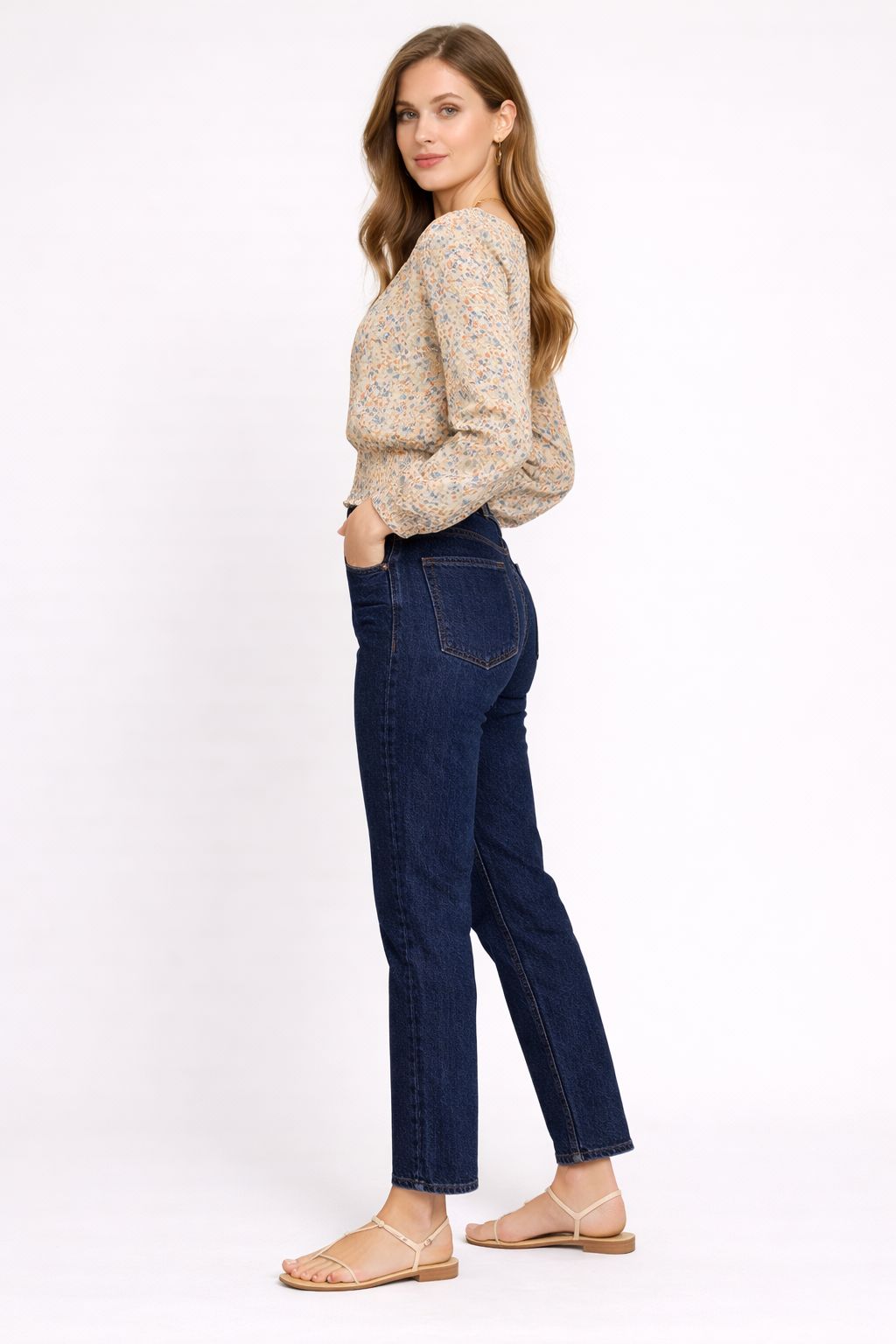 Floral Printed Smocked Waist Full Sleeve Top