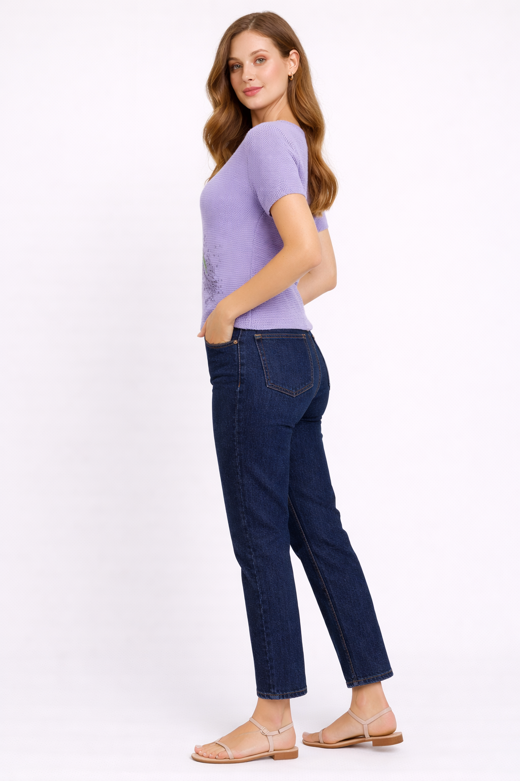 Lavender Fully Stretchable Textured Floral Half Sleeve Top