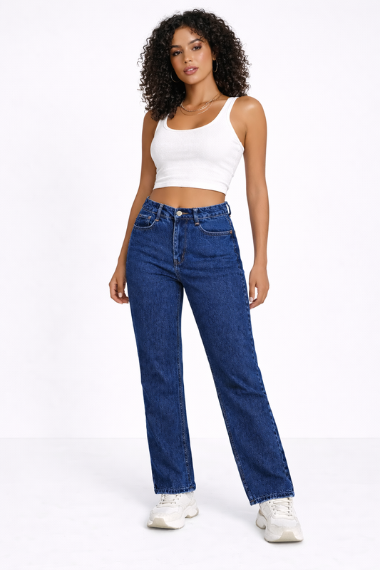 Dark Blue High Waist Straight Fit Denim Jeans