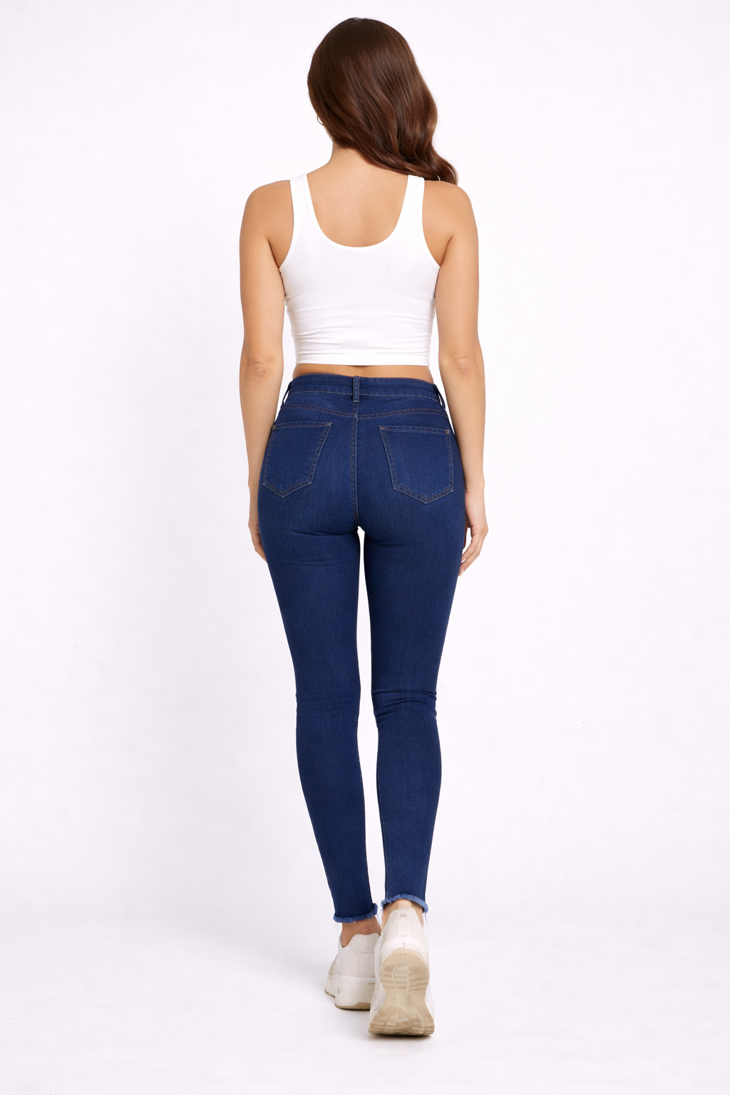 Dark Blue High Waist Slim Fit Denim Jeans with Raw Hem