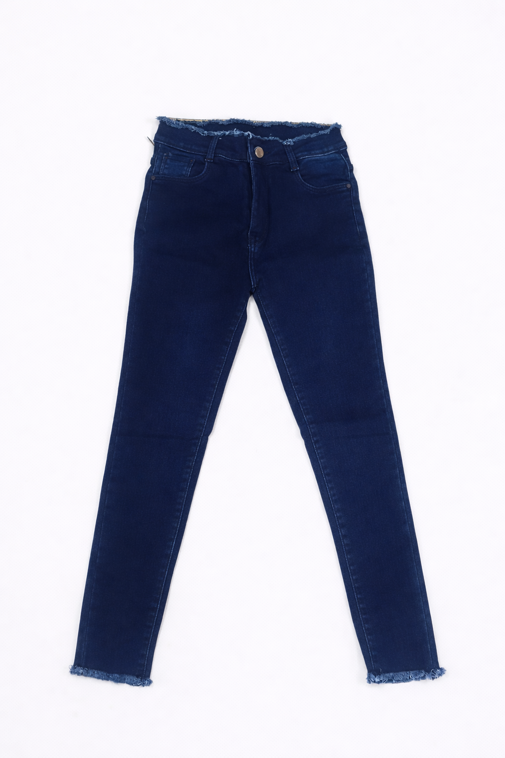Dark Blue High Waist Slim Fit Denim Jeans with Raw Hem