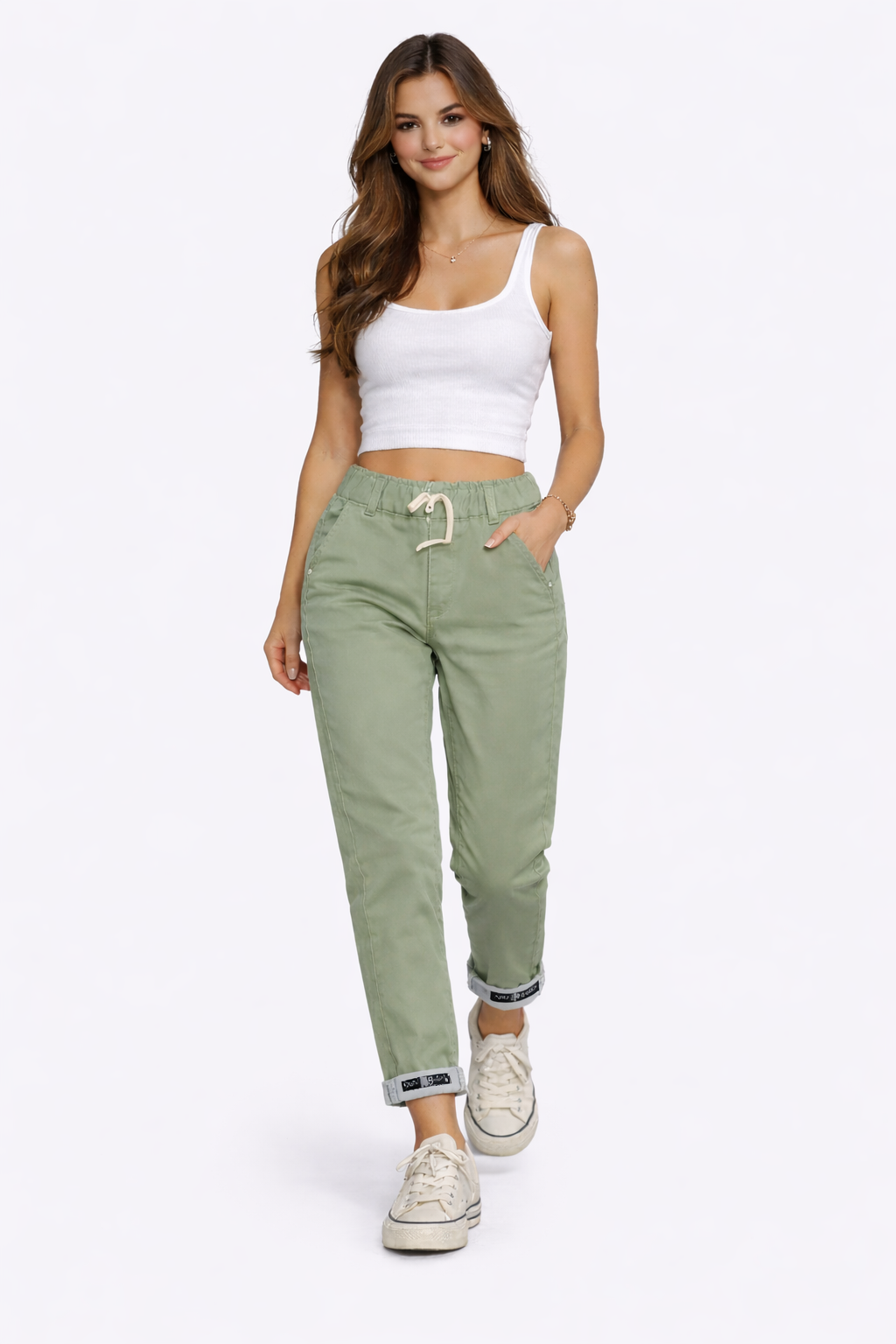 Sage Green High-Waist Casual Cotton Pants