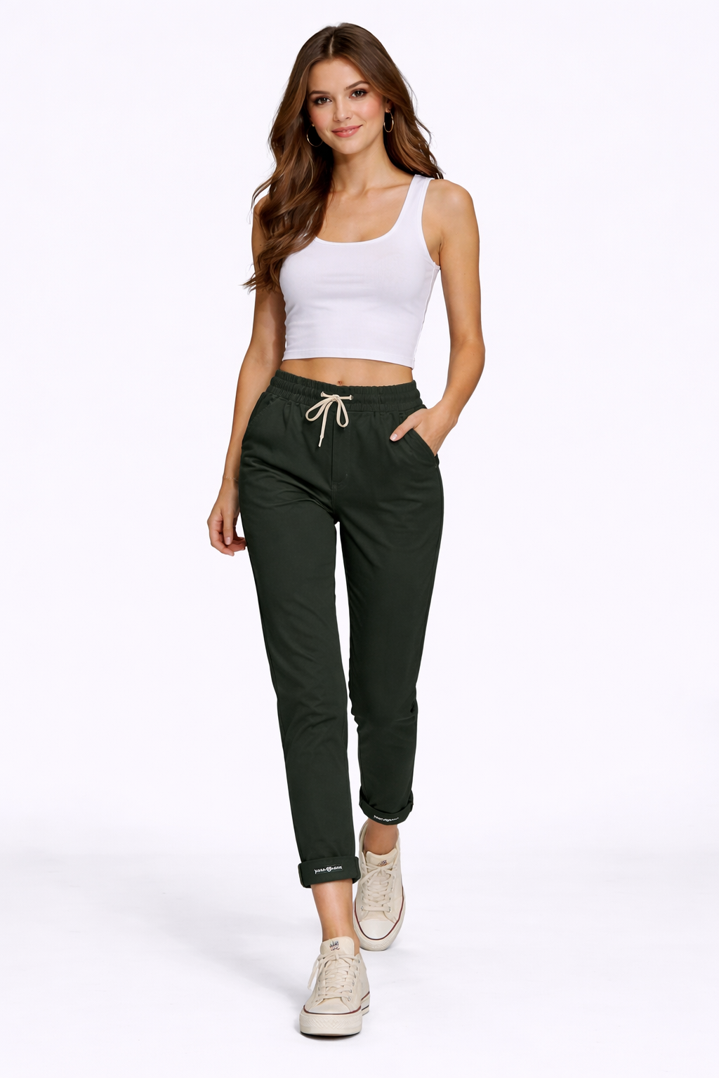 Bottle Green High-Waist Casual Cotton Pants