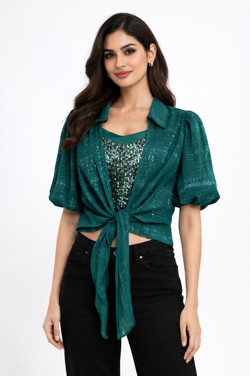Teal Green Shimmer Layered Tie-Up Top