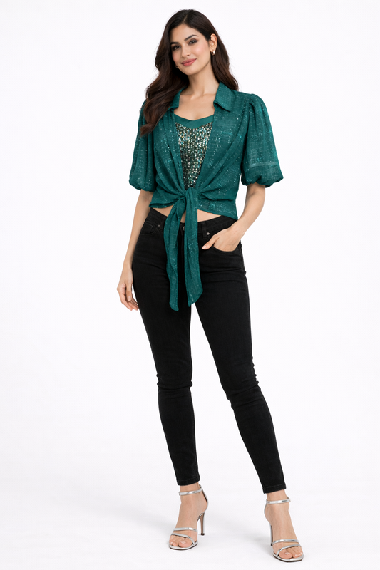 Teal Green Shimmer Layered Tie-Up Top