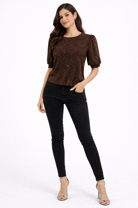 Brown Shimmer Puff Sleeve Top