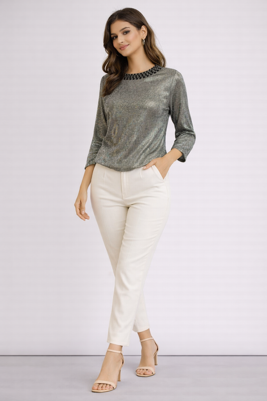 Metallic Grey Textured Round Neck Top