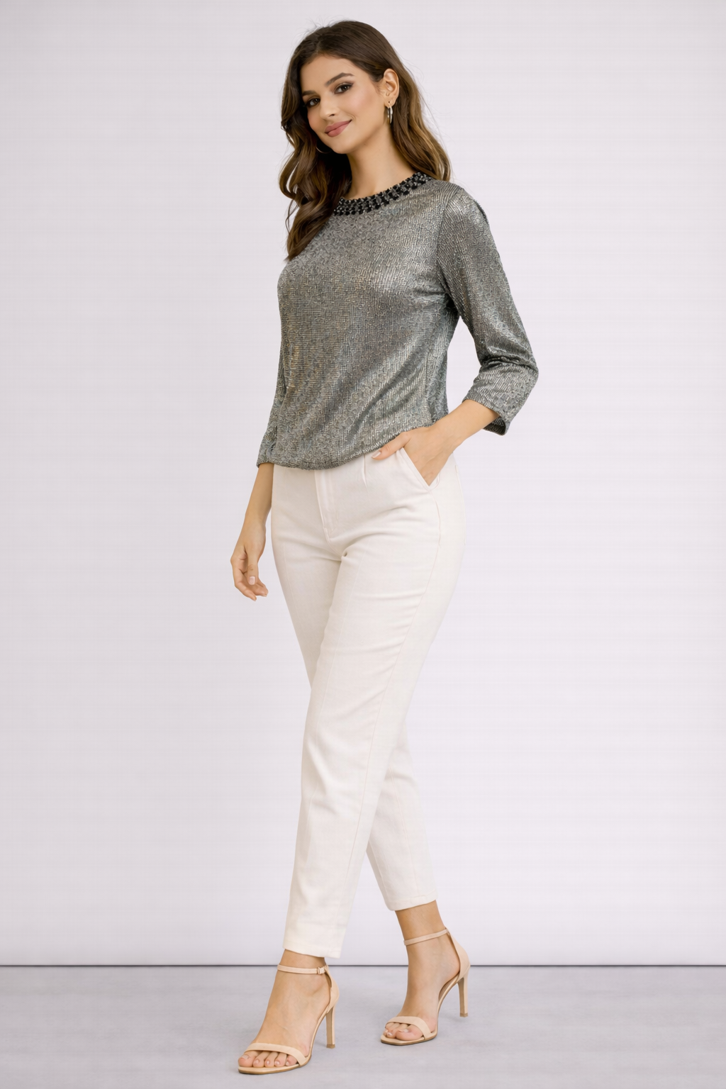 Metallic Grey Textured Round Neck Top