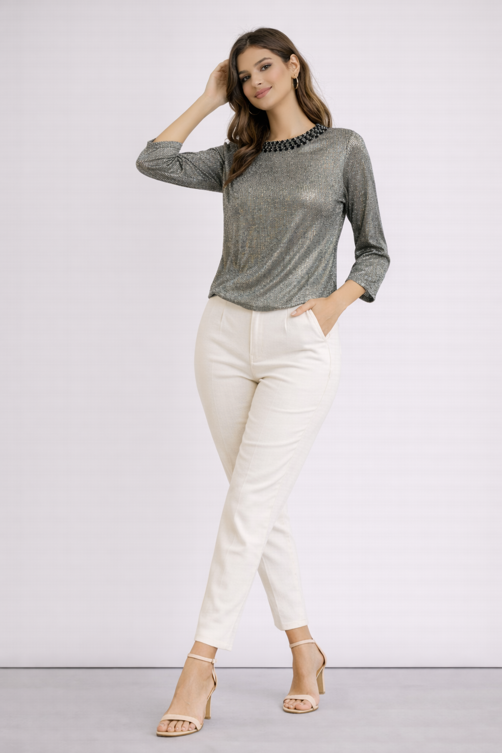 Metallic Grey Textured Round Neck Top
