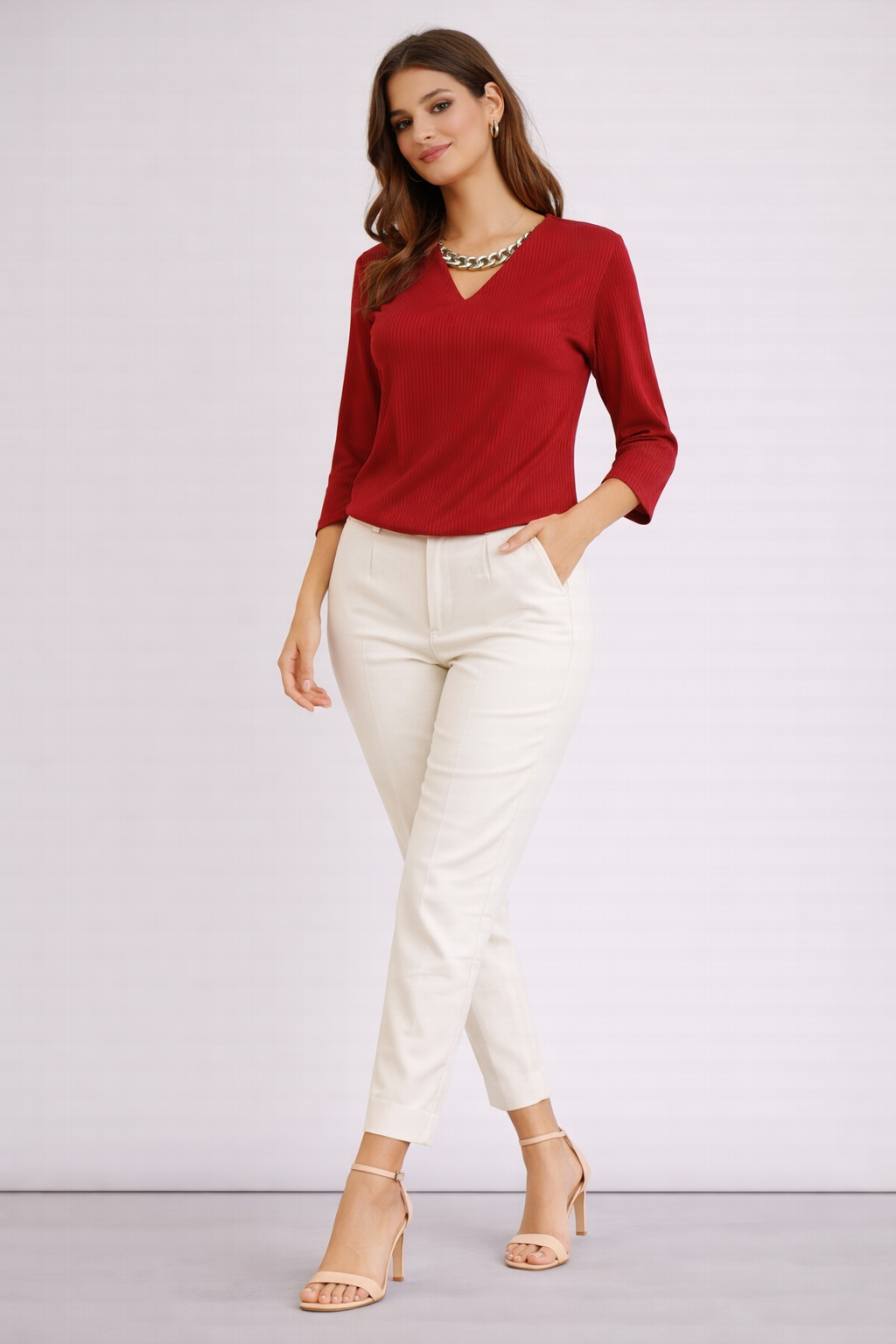 Elegant Red V-Neck Ribbed Top