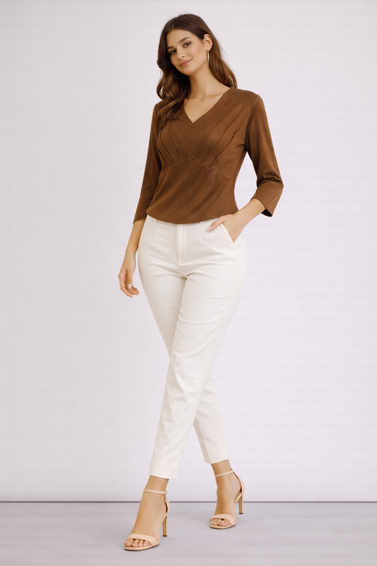 Brown V-Neck Pleated Top