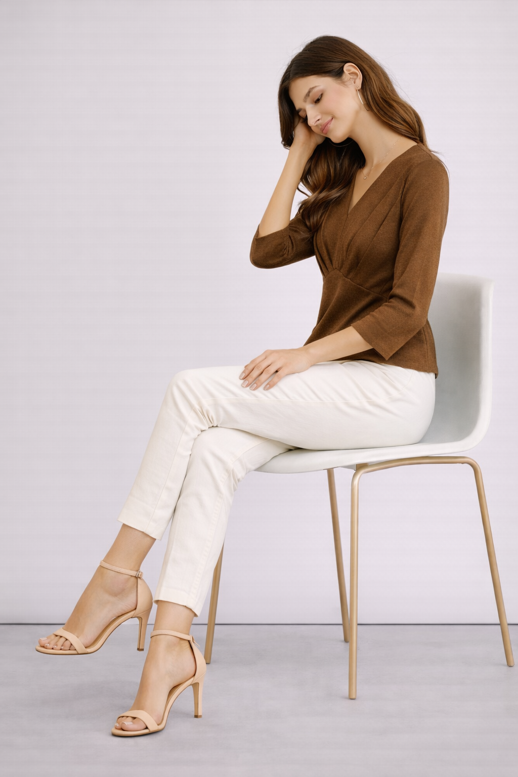 Brown V-Neck Pleated Top