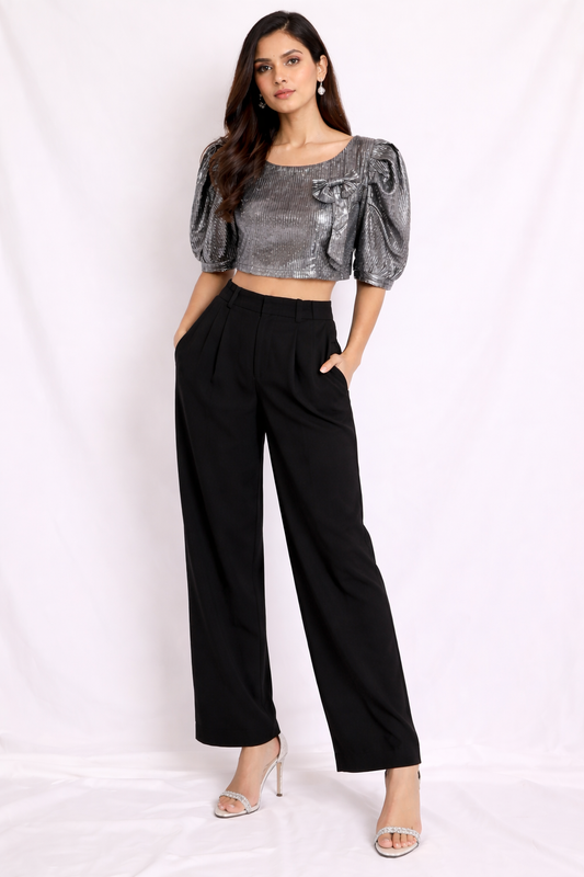 Metallic Grey Puff Sleeve Crop Top